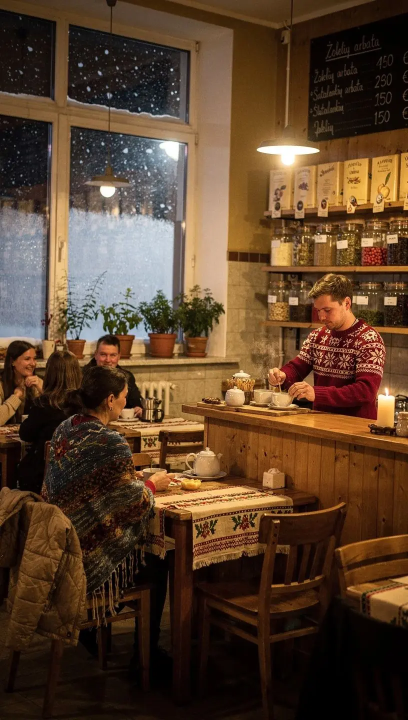 Žolelių arbatos ceremonija, kurioje dalyvauja žmonės tradiciniais drabužiais.