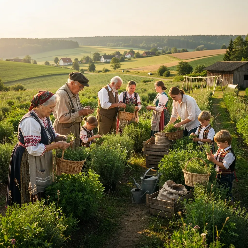 Sausos žolelės ir gėlės, skirtos lietuviškos arbatos mišiniams, išdėstytos ant medinio stalo.