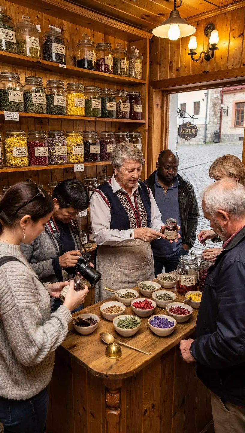 Lietuviškos arbatos ceremonija gamtoje, kur šviežios žolės renkami tiesiai iš lauko.