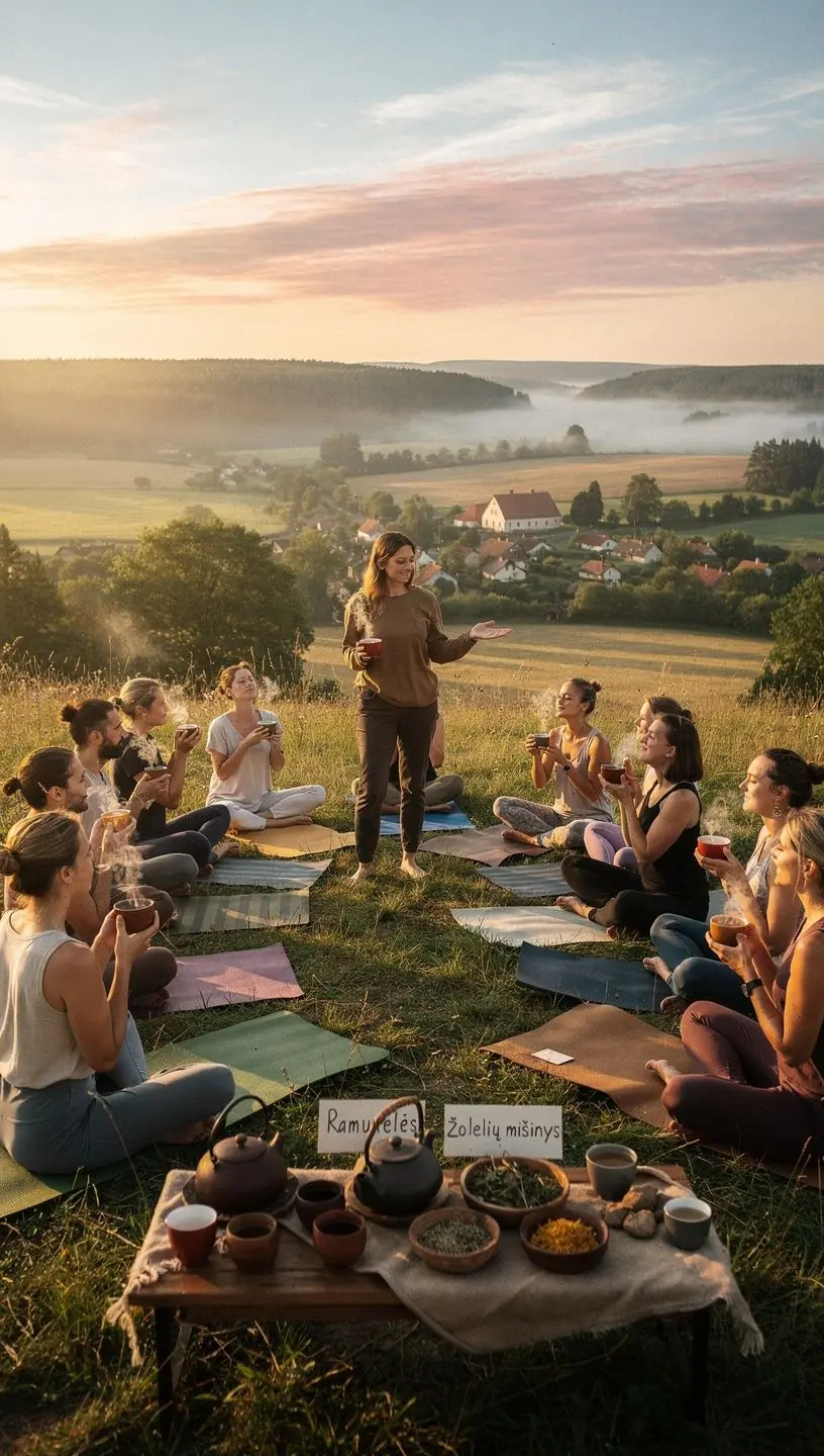 Lietuviškos arbatos puodelis su šviežiomis žolelėmis ir gintaru.